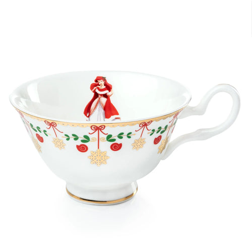 Christmas teacup, white with red green holiday pattern and Ariel figurine on handle