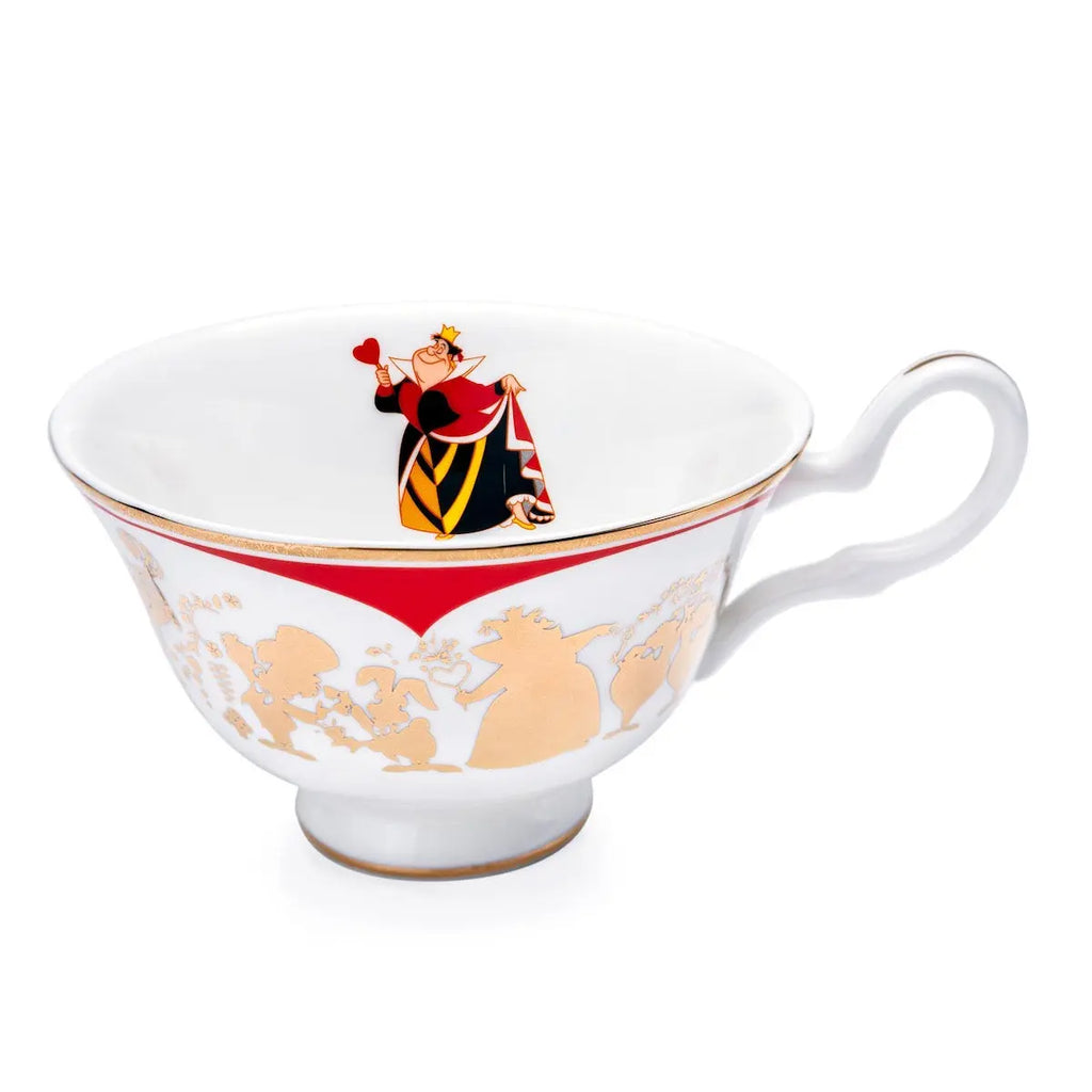 Fine bone china teacup with saucer, white with red band and Queen of Hearts motif