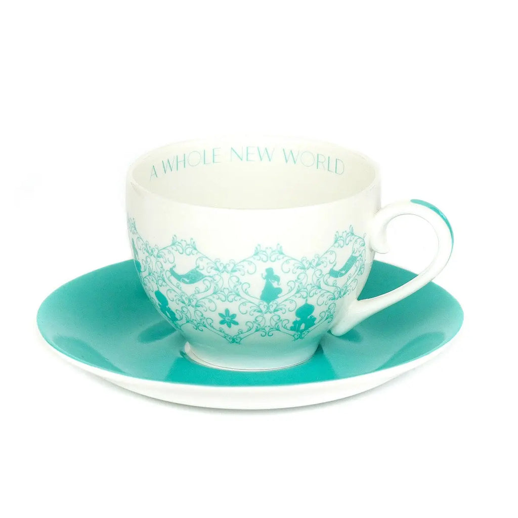 Fine bone china tea cup and saucer with turquoise scroll pattern