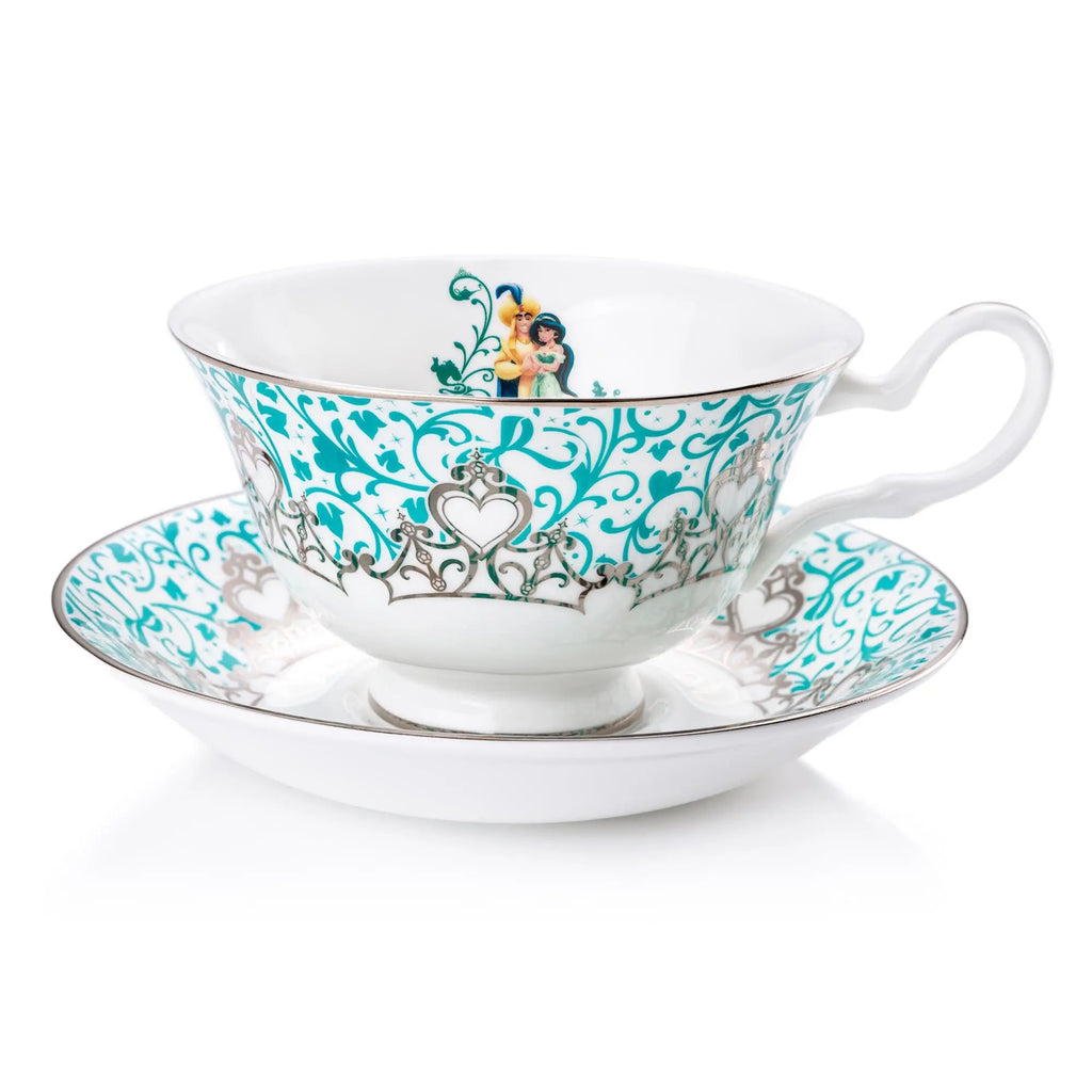 Fine bone china cup and saucer set with teal floral scroll border and cherub scene