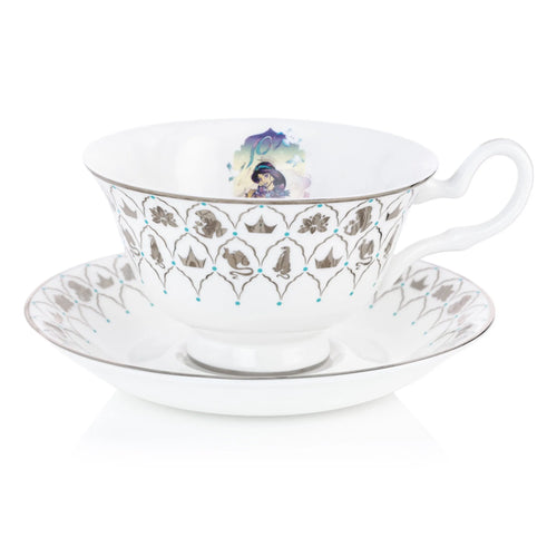 Fine bone china teacup and saucer set, white with blue floral band and character medallion