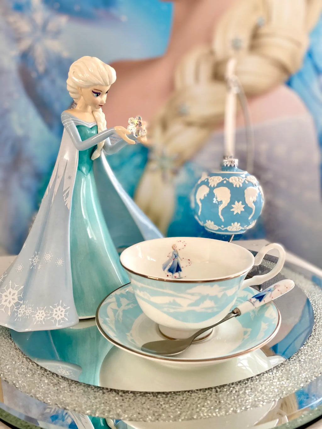 Fine bone china cup and saucer set with blue patterned saucer and painted princess scene