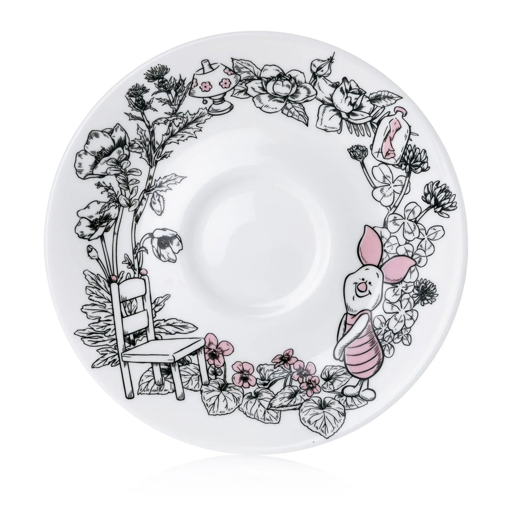 Decorative saucer with Piglet and floral line art, white porcelain with pink accents