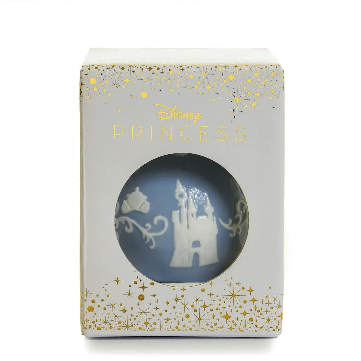 Ornament gift box with window showing blue castle bauble and gold star pattern