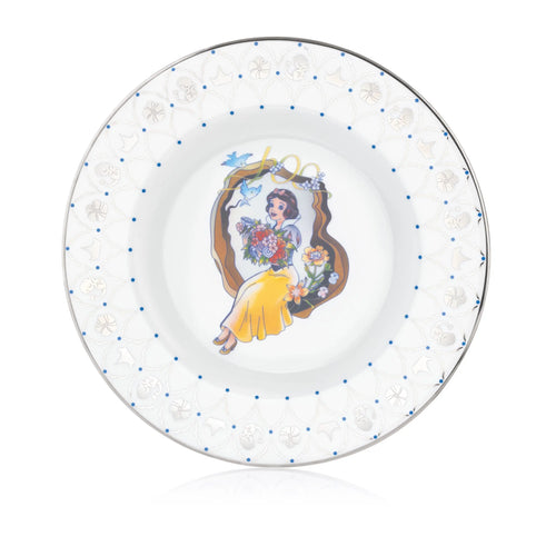 Fine bone china dessert plate with Snow White character and blue dot border