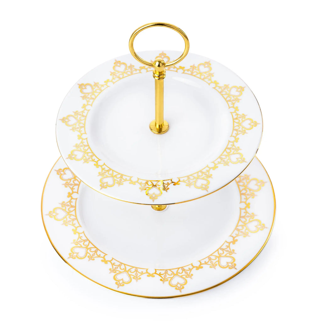 Two-tier plate stand with white porcelain plates and ornate gold border, gold stem