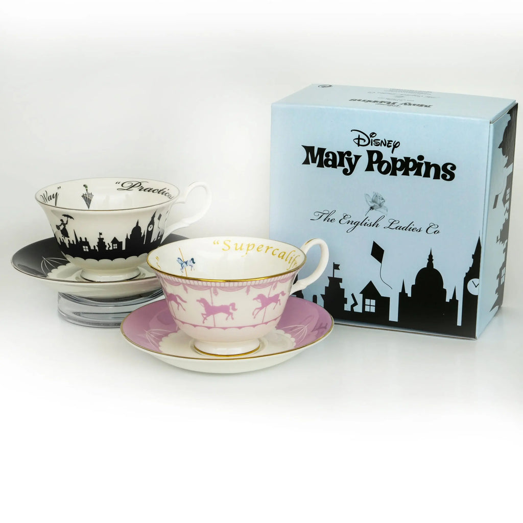 Fine bone china cup and saucer set with box, pink motif and gold rim