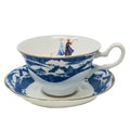 Fine bone china cup and saucer set with blue mountain scene and character artwork