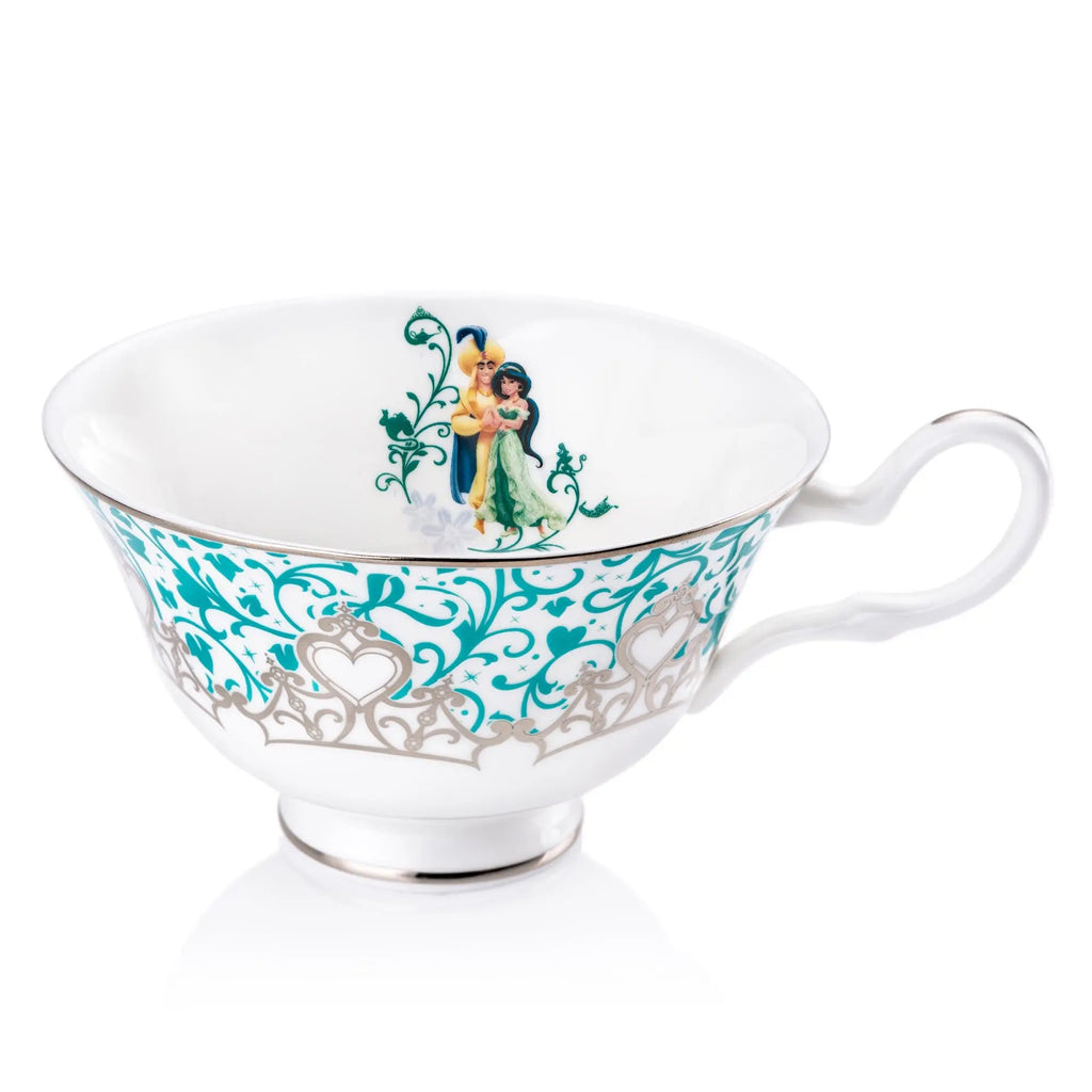 Fine bone china cup and saucer set with teal heart filigree band and cherub motif