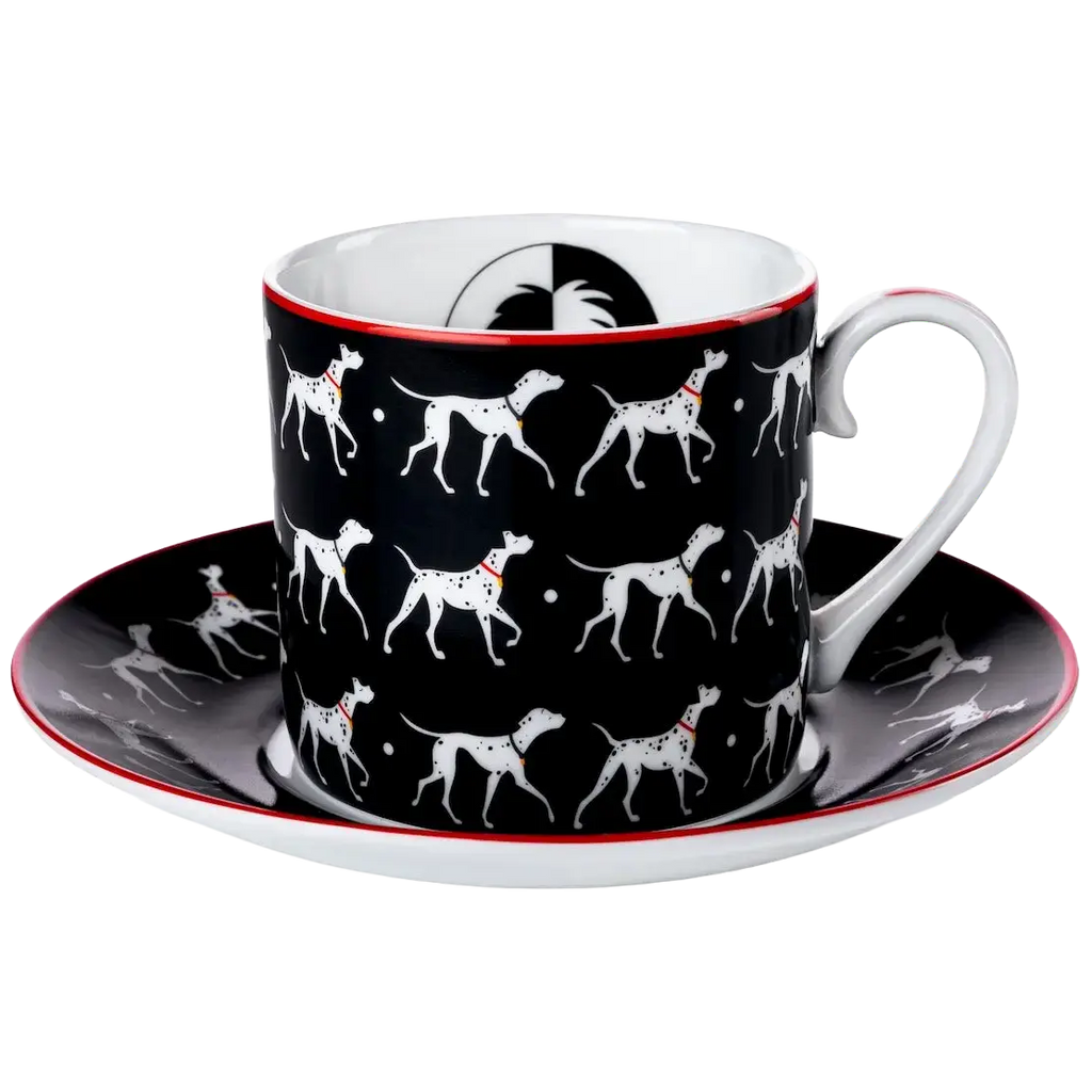 Fine bone china cup and saucer, black with white dog print, red rim and handle