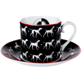 Fine bone china cup and saucer, black with white dog print, red rim and handle
