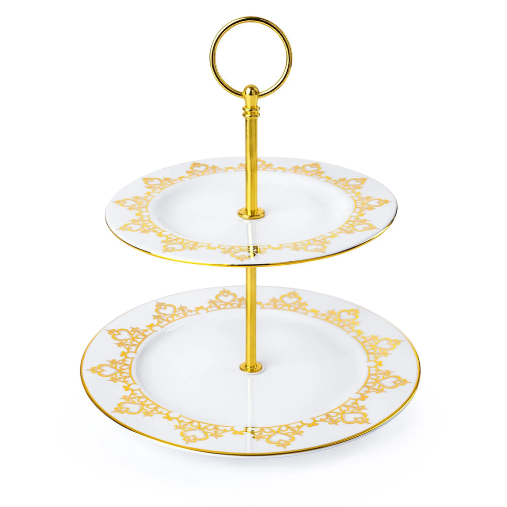 Two-tier white fine bone china plate stand with gold filigree and central gold stem