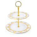 Two-tier white fine bone china plate stand with gold filigree and central gold stem
