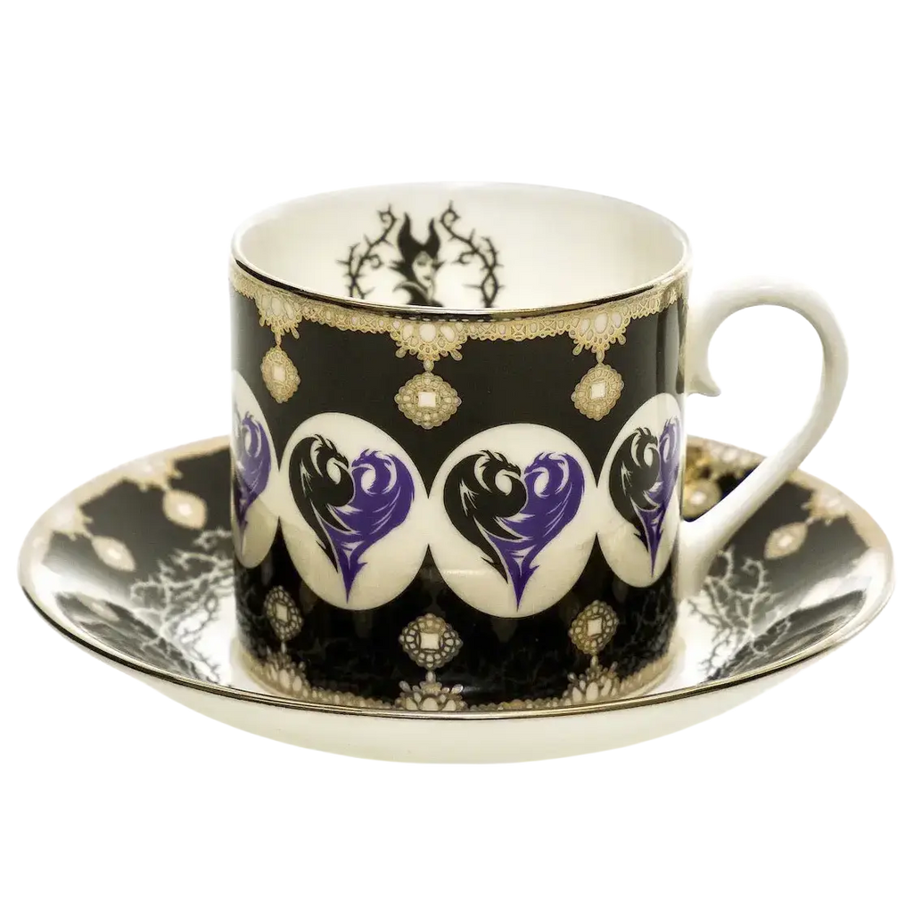 Fine bone china cup and saucer set, black with gold trim and purple motif