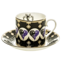 Fine bone china cup and saucer set, black with gold trim and purple motif