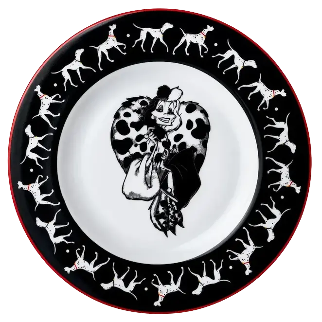 Round fine bone china plate with black rim, red edge, and Dalmatian dog illustration