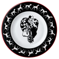 Round fine bone china plate with black rim, red edge, and Dalmatian dog illustration
