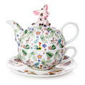 Bone china teapot with cow lid ornament, floral animal print; includes cup and saucer