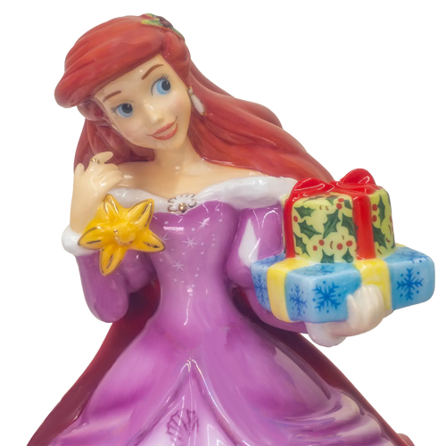 Ariel Christmas fine bone china figure, Ariel holding blue and green wrapped gift boxes