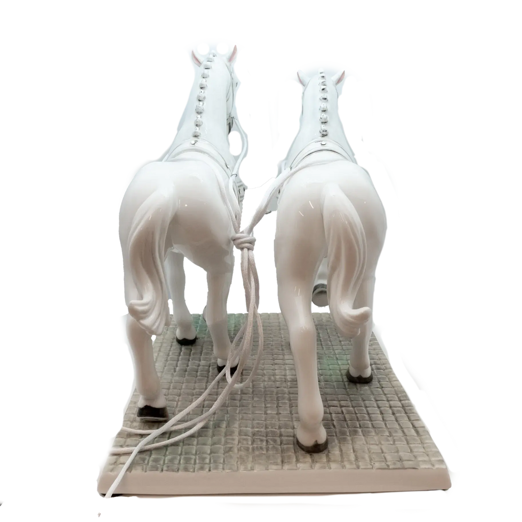 Pair of white fine bone china horse figurines standing side by side on base