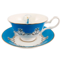 Blue and white fine bone china cup and saucer with gold trim, decorative floral border