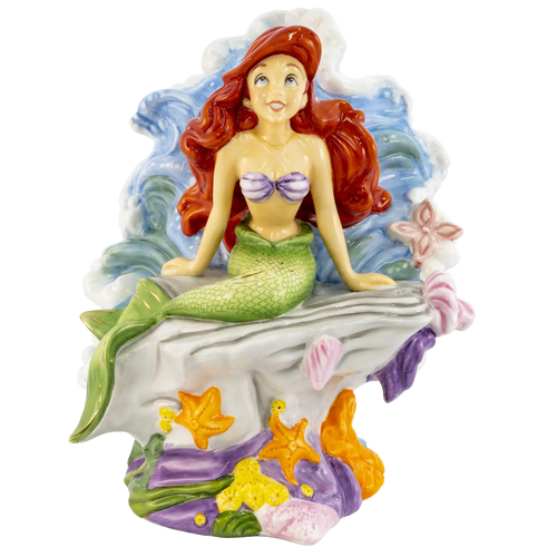 Fine bone china mermaid figurine with red hair, green tail, cloud base and starfish