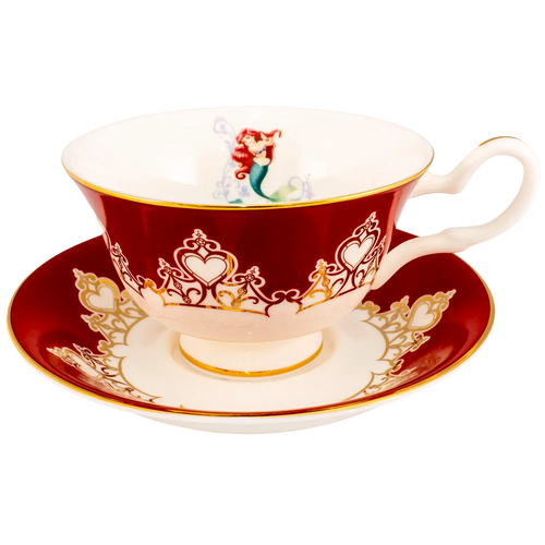 Fine bone china teacup and saucer with Ariel graphic, red and gold decorative trim