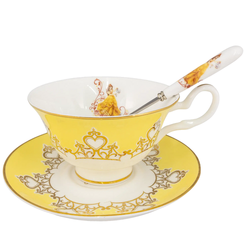 Yellow and white fine bone china teacup with saucer, handle detail and gold trim
