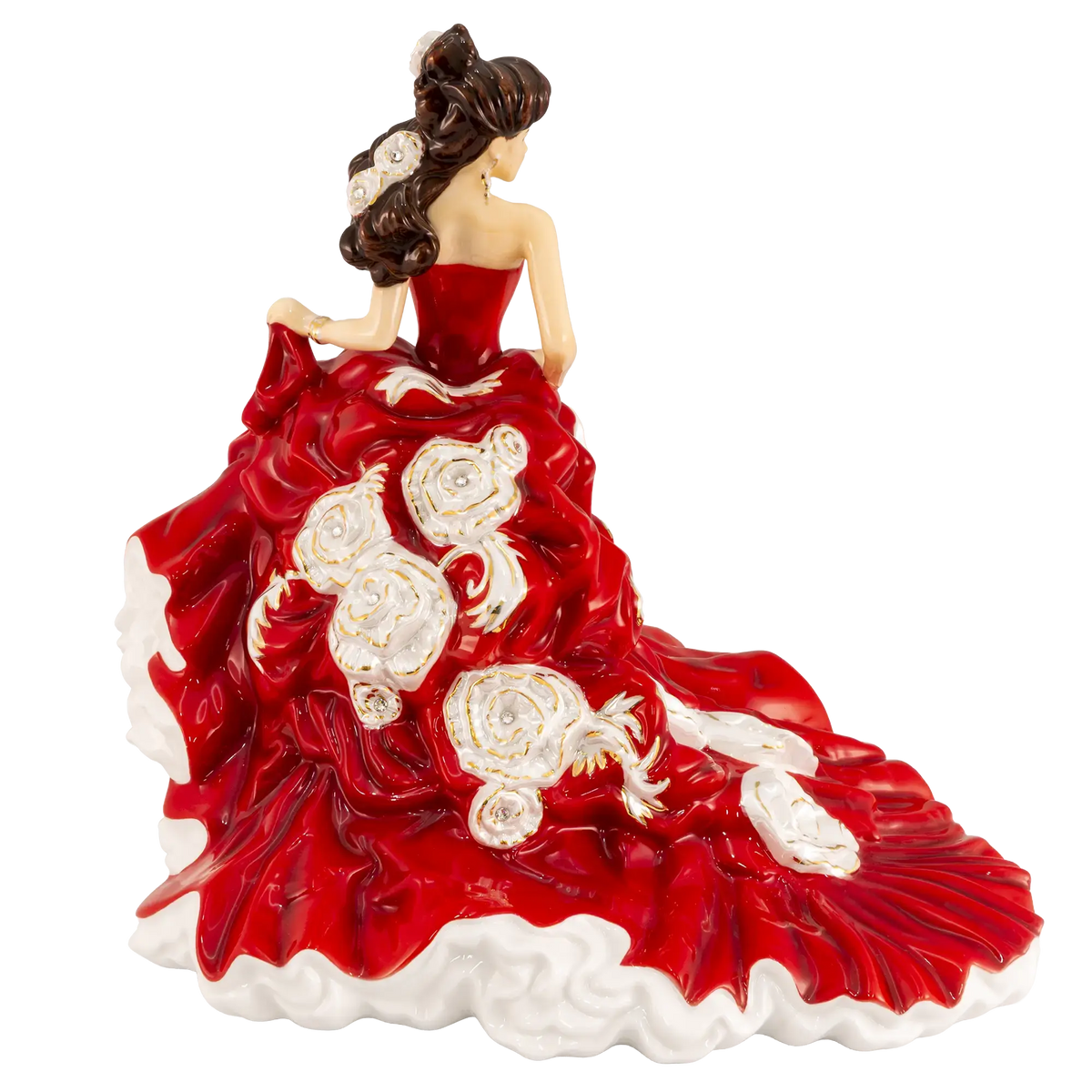 Fine bone china figurine of a woman in a red dress with white rosette details, side view