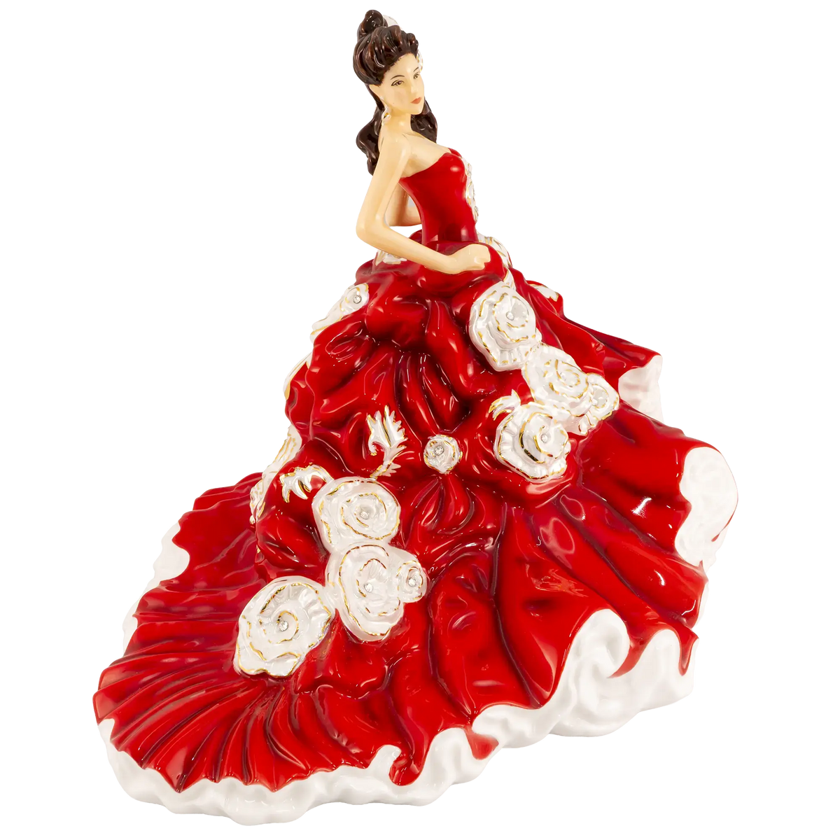 Fine bone china figurine of a woman in a red ball gown with white floral relief, seated