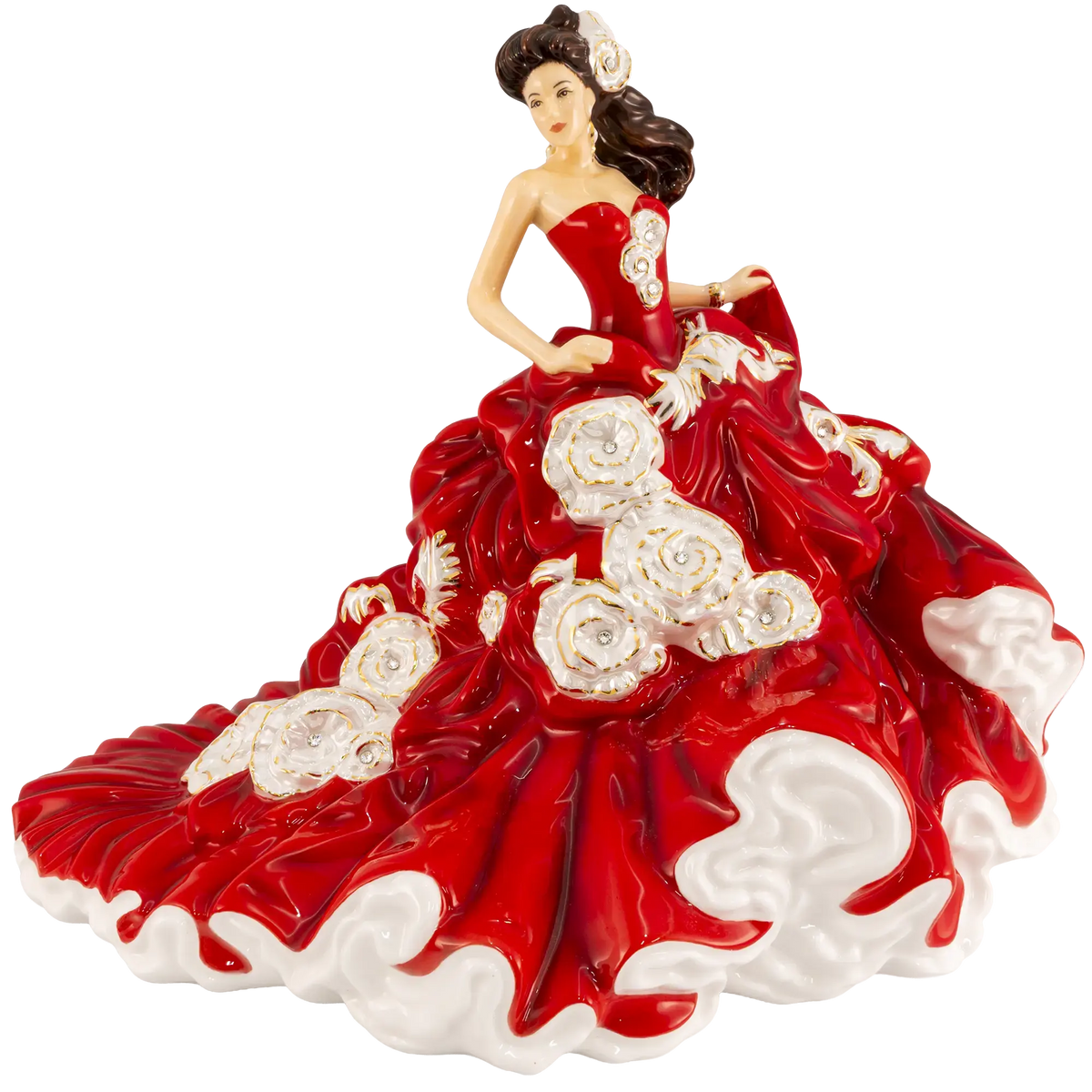 Fine bone china figurine of a woman in a red gown with white trim and relief flowers, standing