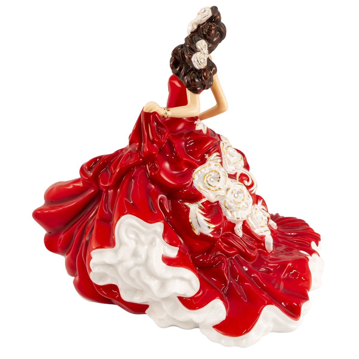 Fine bone china figurine of a woman in a red gown with white accents, kneeling