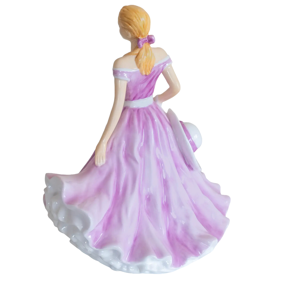Rose-themed purple dress porcelain figurine, back view