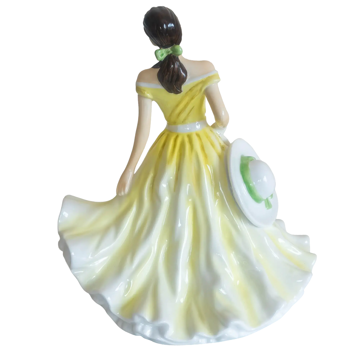 Fine bone china daffodil figurine: back view showing green bow detail and raised bonnet edge