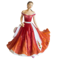 Bone china figurine of a woman in an off-shoulder red dress with orange skirt flare