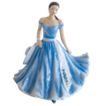 Blue and white ceramic figurine of an off-shoulder ballerina in a flared gown