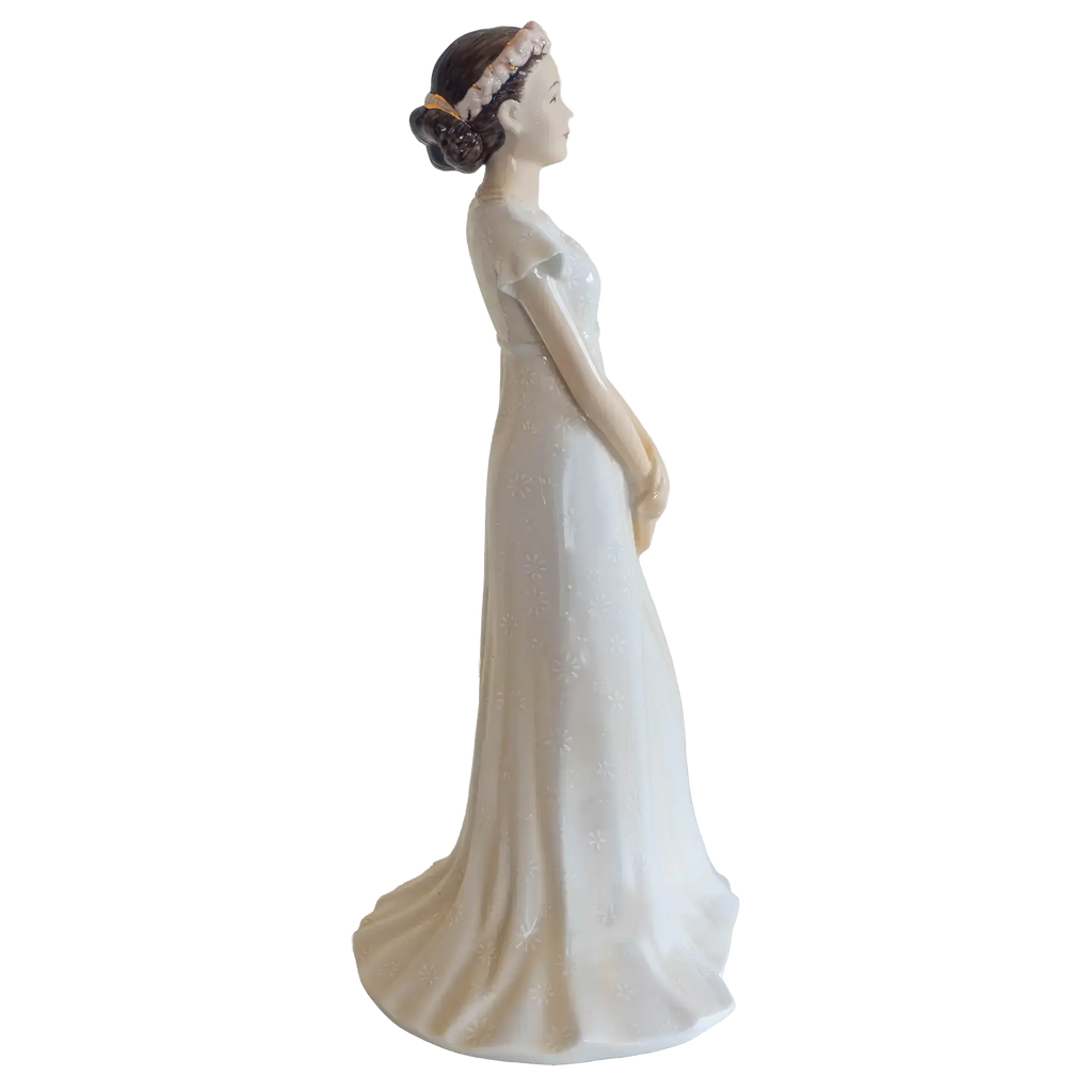 White fine bone china bride figurine in side profile with long ruffled hem dress