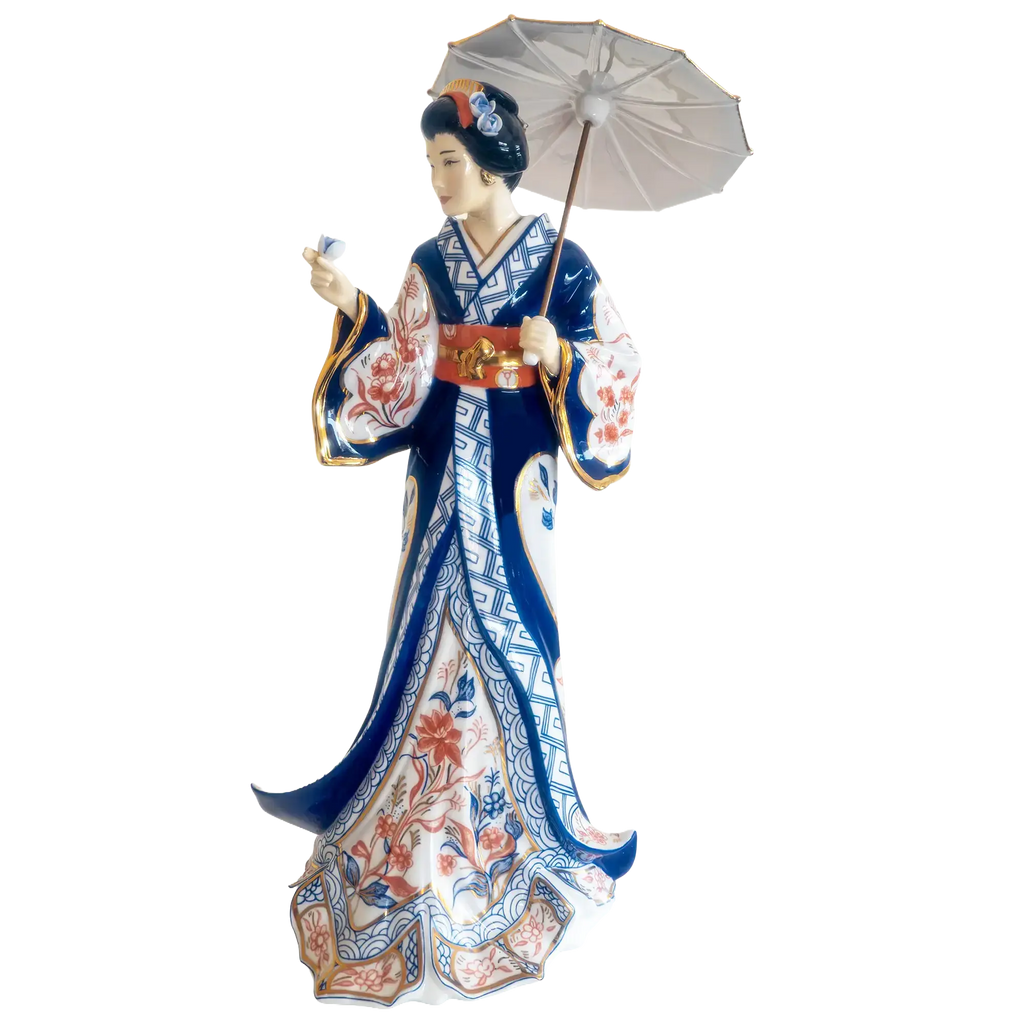 Porcelain lady figurine holding umbrella and small accessories, blue patterned kimono