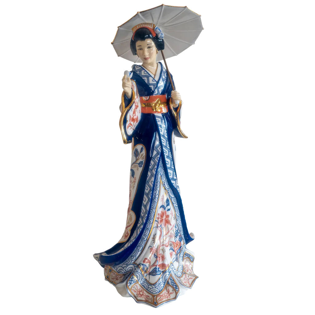 Porcelain lady figurine with open umbrella, blue floral kimono, and orange sash