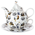 Fine bone china tea-for-one set: white teapot with lid, cup and saucer, black Halloween prints
