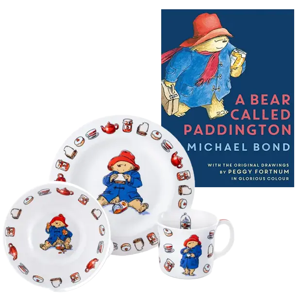 3-piece children's dinnerware set with Paddington bear print on plate and mug.