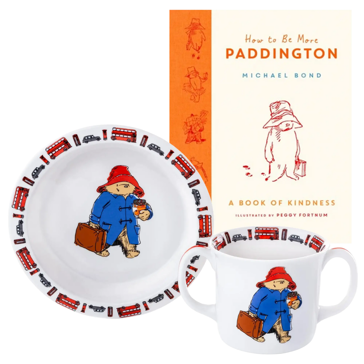 White kids' fine bone china plate and mug set with Paddington character artwork