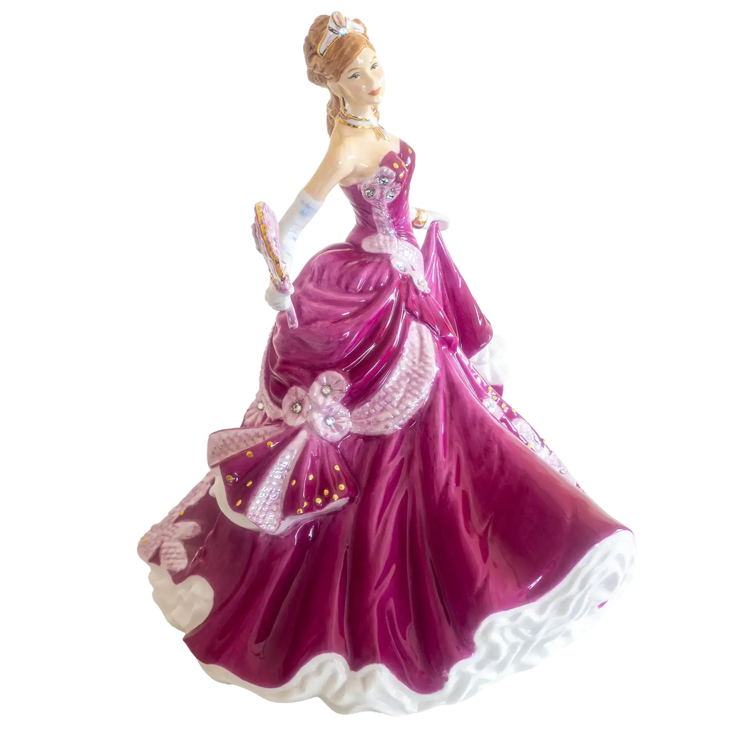 Purple gown fine bone china lady figurine with pink fan, three-quarter view