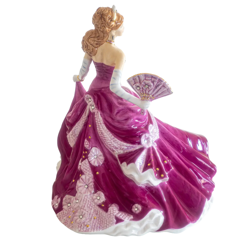 Purple fine bone china lady figurine holding a pink fan, side view