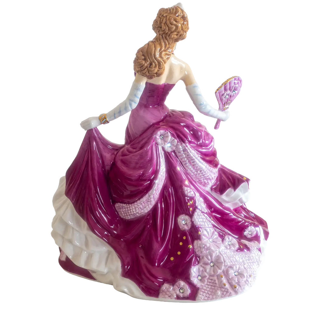 Purple gown fine bone china lady figurine with pink fan, rear three-quarter view