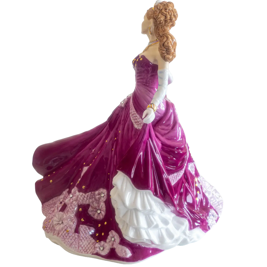 Purple gown fine bone china lady figurine with pink fan, back view