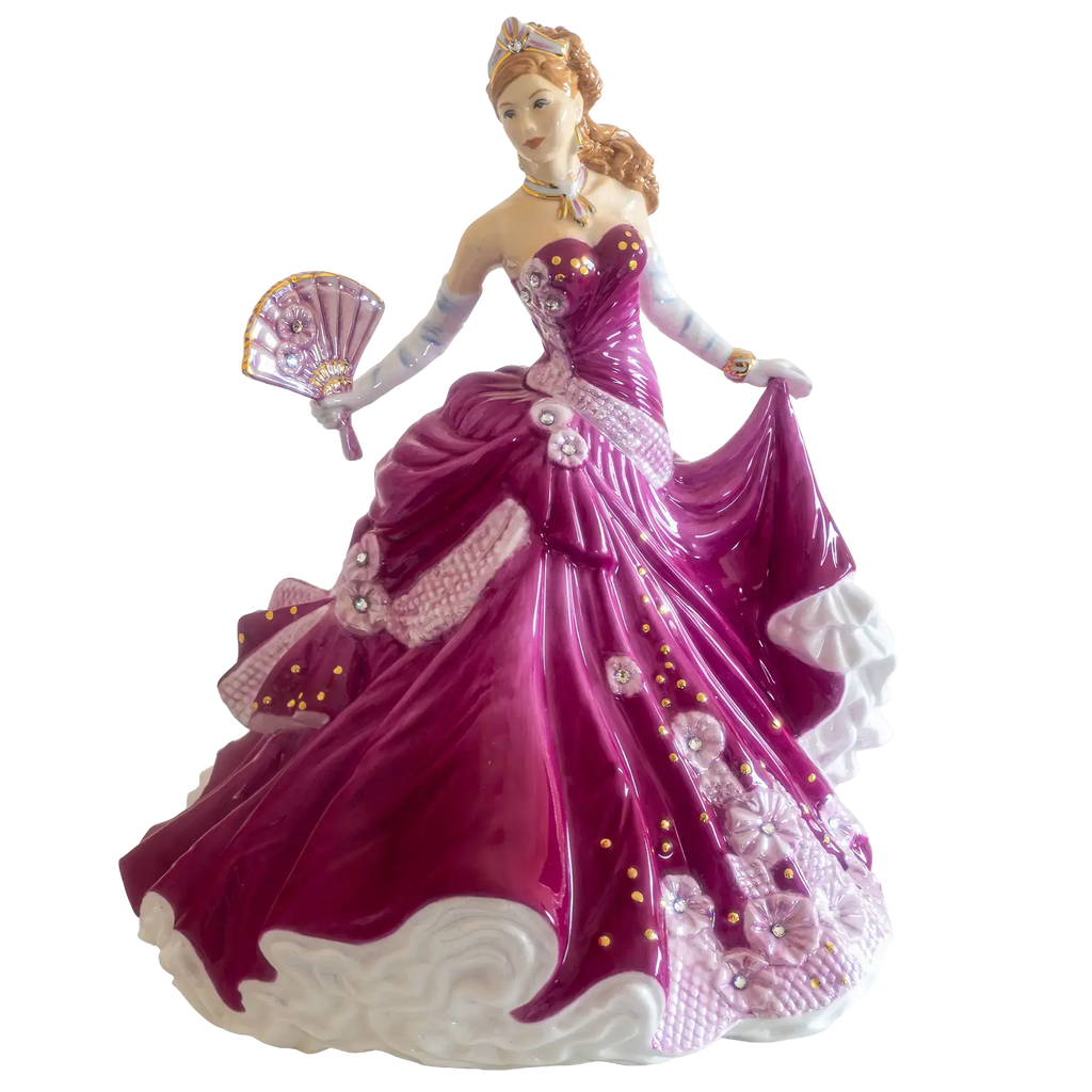Purple gown fine bone china lady figurine holding a pink fan, full figure
