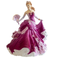Purple gown fine bone china lady figurine holding a pink fan, full figure