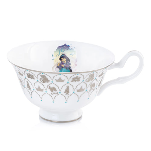 Fine bone china teacup set with matching saucer, white with blue floral pattern and handle
