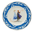 Fine bone china plate with blue splatter rim and two girls in winter dress illustration